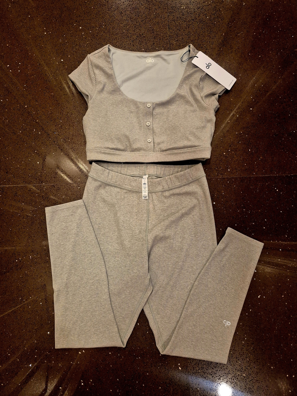 ALO Yoga Ribbed Crop Top and High-Waist Leggings Set in Light Gray